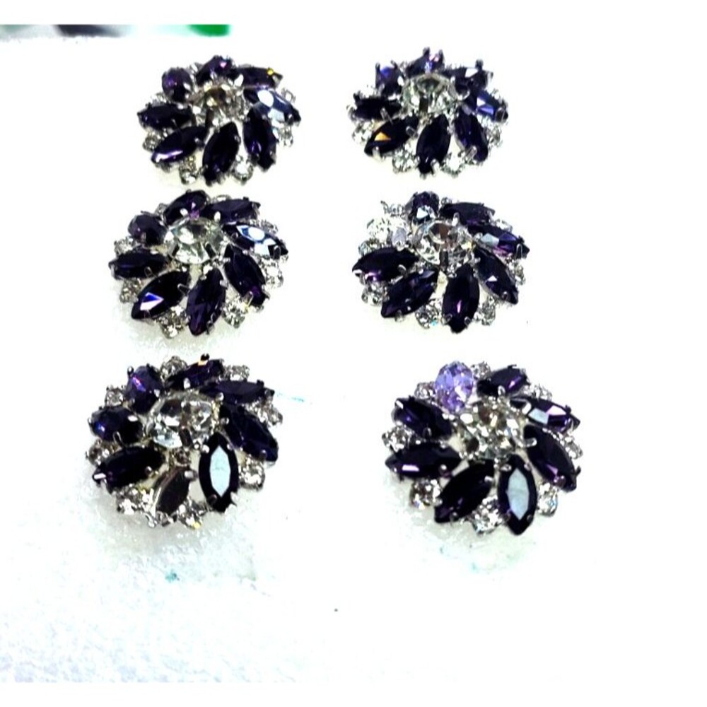 Set of 6 Rhinestone Purple Starburst Crystal Buttons 1 " Silver Backs Vintage